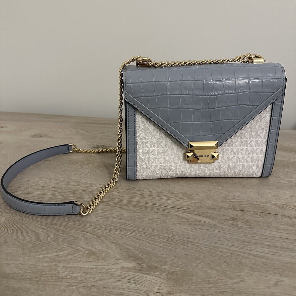 Michael Kors Whitney Crossbody Shoulder Gold chain White Blue Logo w/ Dust Bag
